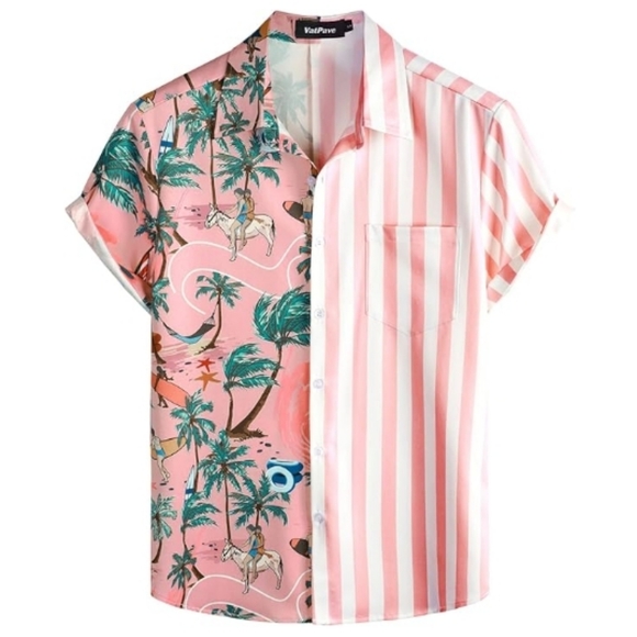 Vatpav Other - Hawaiian Flamingo Casual Tropical Short Sleeve Shirt Pink